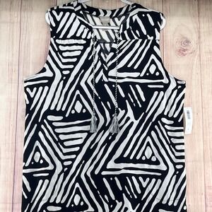 Chicos Maxi Dress Black White Geo Etching Notch Neck Tassel Tie Plus Sz 4 XXL